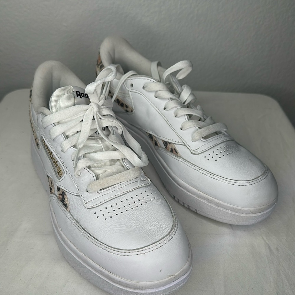 Reebok White Leather Sneakers with Leopard Print Accent